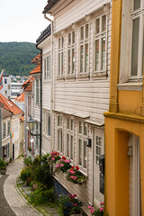 Picturesque narrow street in Bergen, Norway with historic wooden houses, flower boxes, cobblestone pavement, and traditional architecture. Peaceful urban charm in summer atmosphere.