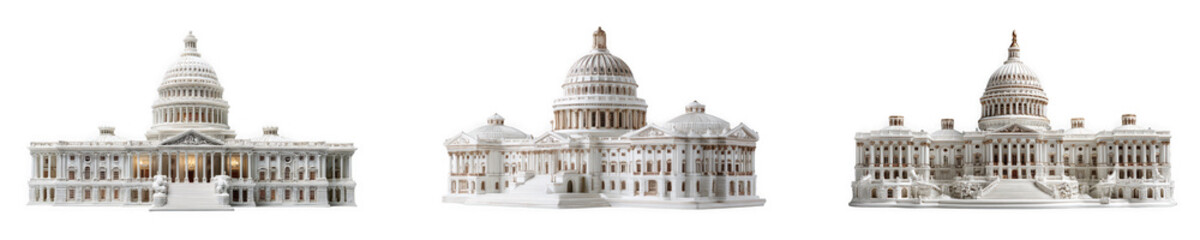 Three different views of the us capitol building covered in snow, isolated on transparent background