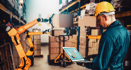 Smart robot arm systems for innovative warehouse and factory digital technology . Automation...