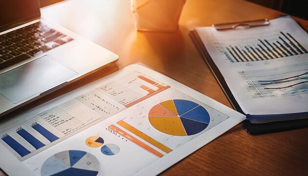 pie chart on a desk with financial reports and a laptop warm lighting business plan pie chart analytical workspace