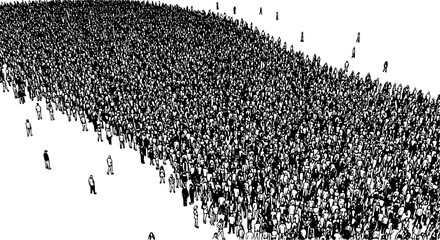 Black and White Wide Angle Illustration of Large Crowd of People, Mass Gathering Concept, 