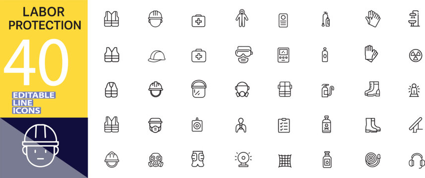 Labor protection line icons set safety equipment and occupational safety tools