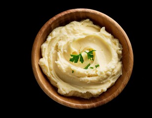 creamy mashed potatoes in wooden bowl isolated on black background food photography kitchen cooking