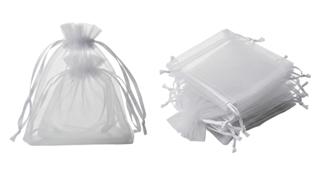 White sheer organza drawstring gift bags for favors and packaging.
