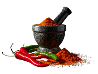  Angled 3D Perspective of Chili Powder with Mortar and Pestle and Fresh Peppers, Isolated PNG