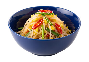 A vibrant bowl of bean sprouts salad is presented against a black background.