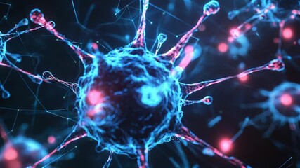 Microscopic view of virus cells communicating through network connections - Powered by Adobe