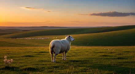 Fototapeta premium Sheep Sunset with Rolling Hills, and Farm.