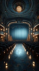 Obraz premium Elegant theater interior adorned with holiday decorations and warm lighting during a winter evening