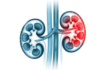 Anatomical illustration of human kidneys with one kidney showing signs of inflammation or disease isolated on a transparent background