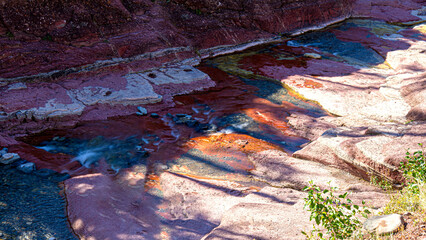 Red Rock Canyon in Waterton lake national park of Alberta, Canada, a natural gorge where brilliant red and green bedrock layers contrast with clear rushing mountain water.