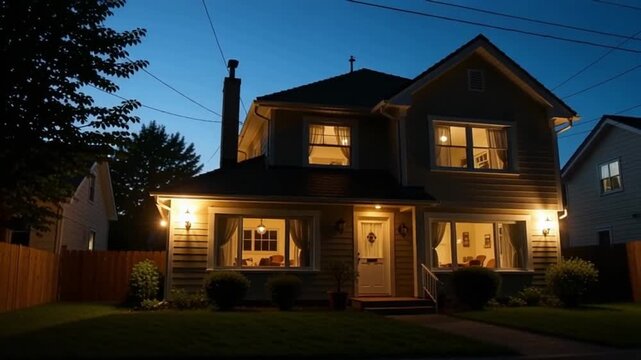 Cozy suburban home illuminated at dusk with warm interior lights creating a welcoming atmosphere.