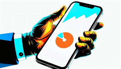Stylized illustration of vibrant hand holding a smartphone with graph on the screen