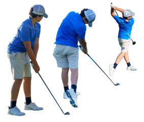 Young golfer swinging with golf club on transparent background