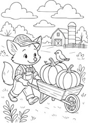 Black and white coloring page with cute little fox in farmer clothes pushing a wheelbarrow full of pumpkins on autumn farm. Printable fall activity for kids and school.