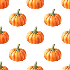 Versatile autumn pattern with watercolor pumpkins for Halloween and Thanksgiving celebrations. Seamless illustration on white background for holiday projects