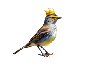A Majestic Little Bird Adorned with a Golden Crown, Symbolizing Royalty and Natural Splendor on a Clean White Background