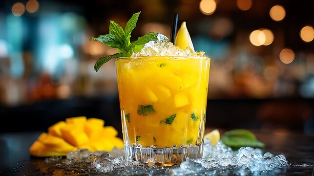 Refreshing mango mojito cocktail recipe with mint and ice for summer party celebration drink idea 100
