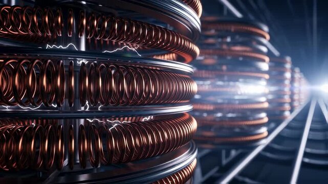 Conceptual image showing layered winding patterns on electromagnetic coils designed for highspeed hyperloop linear motors.