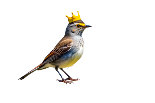 A Majestic Little Bird Adorned with a Golden Crown, Symbolizing Royalty and Natural Splendor on a Clean White Background