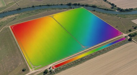 High-tech drone survey of agricultural land with a vibrant spectral data visualization map for crop monitoring