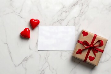 Minimalist Still Life Photo with Marble Surface, Red Hearts, and Gift Box