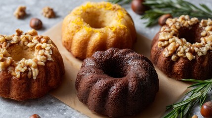 Mini bundt cakes with lemon, caramel, and chocolate flavors on parchment, autumn dessert styling