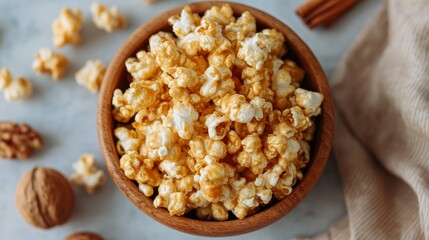 Rustic wooden bowl of caramel popcorn with autumn props, cozy seasonal food styling