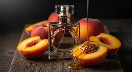 Perfume bottle surrounded by peaches, with honey being poured over a cut peach. The composition suggests a fragrance with a peach or honey scent