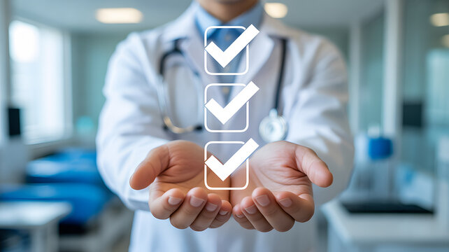 Doctor presenting checklist with completed tasks signifying successful medical care and patient satisfaction