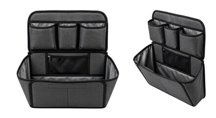 Collapsible dark grey car trunk organizer with multiple storage pockets and compartments.