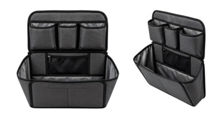 Collapsible dark grey car trunk organizer with multiple storage pockets and compartments.