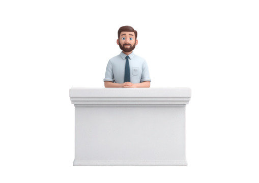 A friendly cartoon man with a beard, wearing a blue shirt and tie, stands behind a white podium, isolated on transparent background