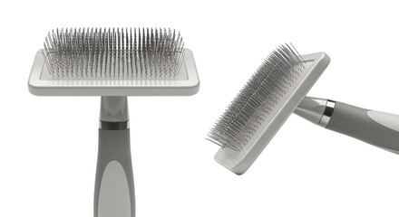 Two Views of a Pet Grooming Slicker Brush with Metal Pins.
