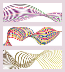Wavy lines or ribbons. Set of 3 backgrounds. Multicolored striped gradient. Creative unusual background with abstract gradient wave lines to create a trendy banner, poster. vector eps