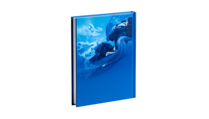 Blue notebook with abstract cover displaying swirls and marble effect on transparent background