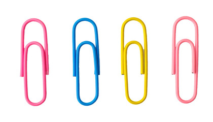 Four colorful paperclips on transparent background