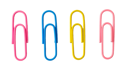 Four colorful paperclips on transparent background