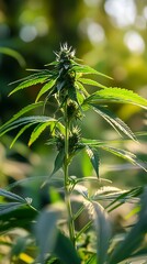 Cannabis plant with flowering bud in soft sunlight and bokeh photo background marijuana