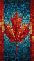 Colorful mosaic showcasing a stylized maple leaf in vibrant tones of red, orange, and blue with a textured background representing Canadian heritage