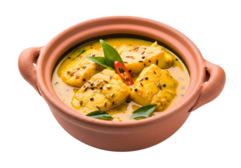 Aromatic fish curry in a rustic clay pot, showcasing vibrant yellow sauce and fresh herbs.