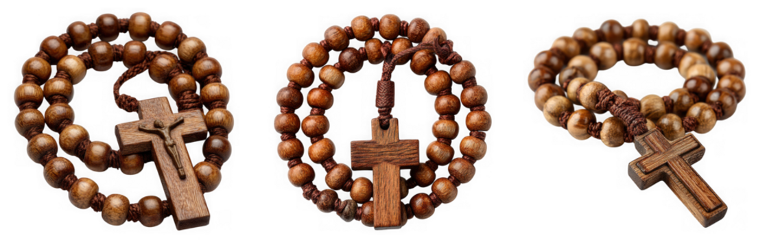 A collection of three wooden rosaries with crosses, symbolizing faith, prayer, and religious devotion isolated on transparent background