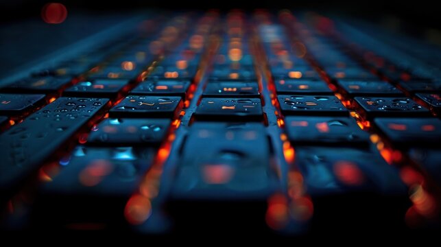 Close-up of a backlit keyboard with water droplets