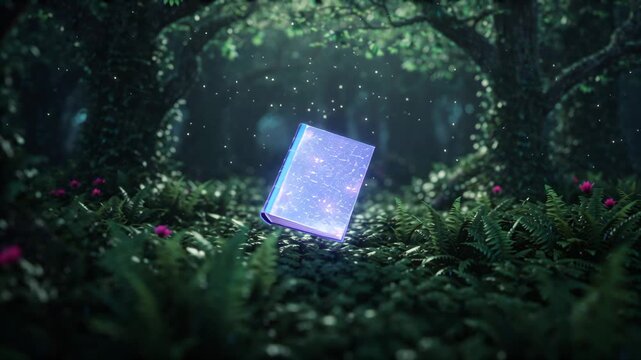 Magic book in glowing forest with enchanted atmosphere. Copy space for text