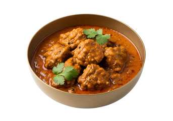 Fototapeta premium A golden bowl brimming with flavorful, rich meat curry, garnished with fresh cilantro.