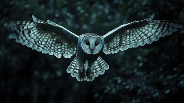 Barn owl in flight with wings spread wide against dark forest bird flying photo