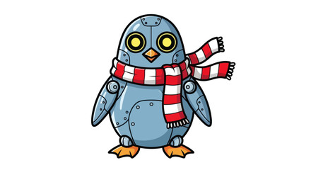 Adorable blue robotic penguin cartoon character wearing a striped winter scarf.