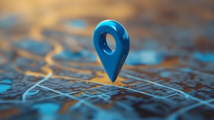 Blue location pin on a blurred abstract city map at dusk marker navigation photo
