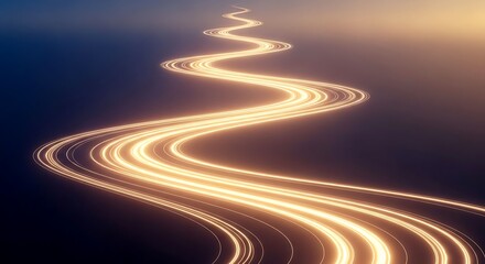 A glowing light trail winds its way through the darkness with a soft gradient
