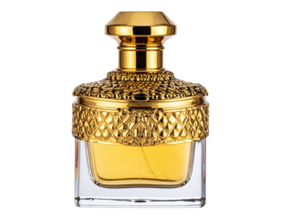 Elegant golden perfume bottle with ornate cap and textured collar, cut out transparen